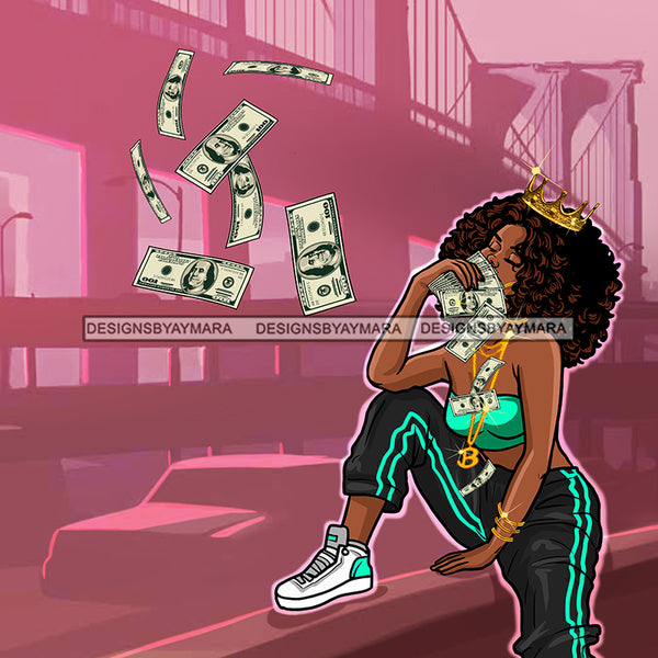 Crowned Sassy Diva In Green And Black Tossing Dollar Bills  JPG PNG  Clipart Cricut Silhouette Cut Cutting