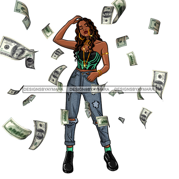 Sassy Diva With Tossed Dollar Bills In Jeans JPG PNG  Clipart Cricut Silhouette Cut Cutting