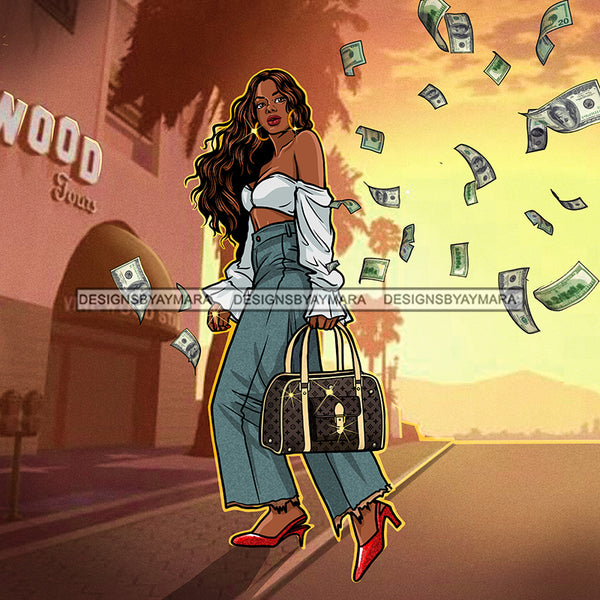 Sassy Diva In Jeans Flying Dollar Bills  JPG PNG  Clipart Cricut Silhouette Cut Cutting