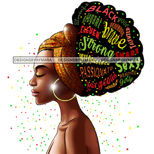 Afro Woman Headband Messy Bun Puff Brave Strong Passionate Clever Hair Quotes Black Girl Magic Melanin Popping Nubian Queen JPG PNG Clipart