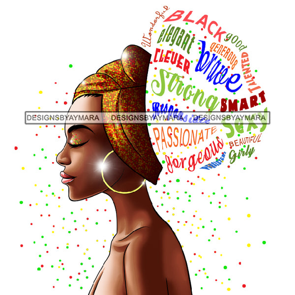 Afro Woman Headband Messy Bun Puff Brave Strong Passionate Clever Hair Quotes Black Girl Magic Melanin Popping Nubian Queen JPG PNG Clipart