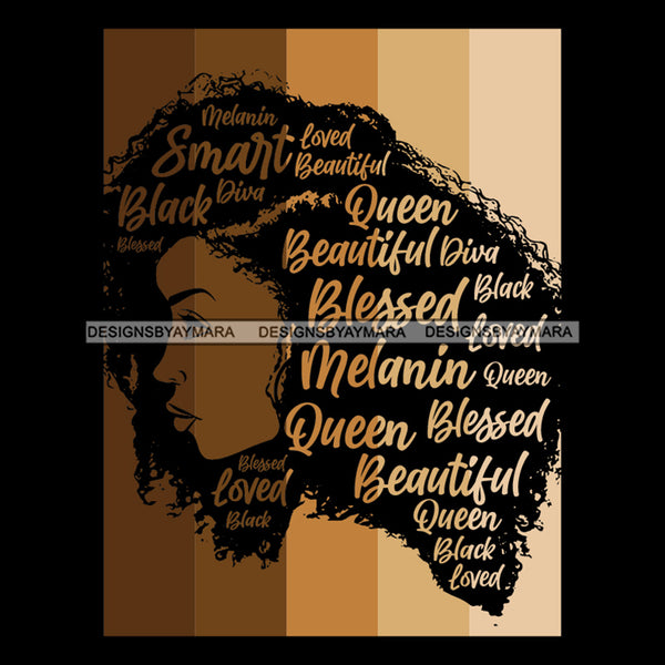 Black Queen With Words In Hair Shades Of Brown Stripes SVG JPG PNG Vector Clipart Cricut Silhouette Cut Cutting