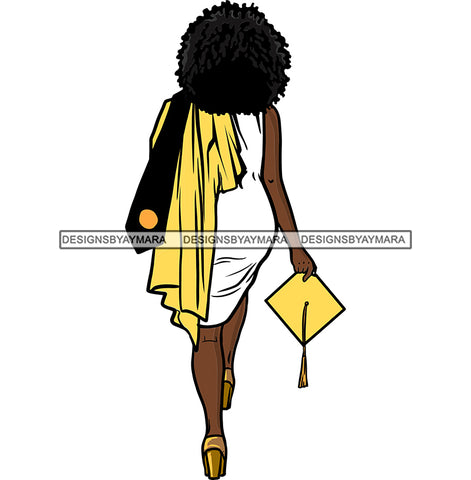 Graduation Afro Woman Yellow Gown Robe Achievement Hard Work Diploma Success Robe Cap Certificate College SVG Cutting Files