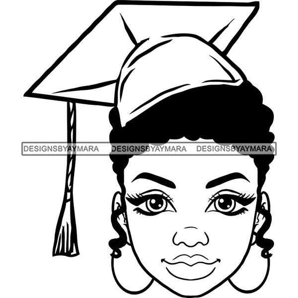 Afro Woman Graduate Wearing Cap Academic Achievement Diploma Graduation Short Hairstyle B/W SVG JPG PNG Cutting Files For Silhouette Cricut More