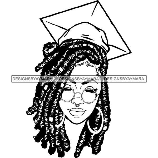 Afro Woman Graduate Wearing Cap Academic Achievement Diploma Graduation Dreadlocks Hairstyle B/W SVG JPG PNG Cutting Files For Silhouette Cricut More