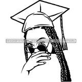 Afro Woman Graduate Wearing Cap Sunglasses Achievement Graduation Long Dreadlocks Hairstyle B/W SVG JPG PNG Cutting Files For Silhouette Cricut More