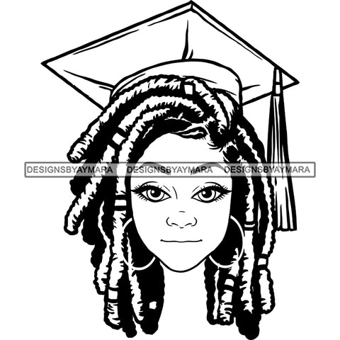 Afro Woman Graduate Wearing Cap Academic Achievement Diploma Graduation Dreadlocks Hairstyle B/W SVG JPG PNG Cutting Files For Silhouette Cricut More