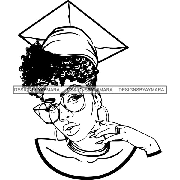 Afro Woman Graduate Wearing Cap Academic Achievement Graduation Sunglasses Up Do Hairstyle B/W SVG JPG PNG Cutting Files For Silhouette Cricut More