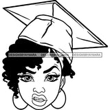 Afro Woman Graduate Wearing Cap Mean Face Academic Achievement Graduation Short Curly Hairstyle B/W SVG JPG PNG Cutting Files For Silhouette Cricut More