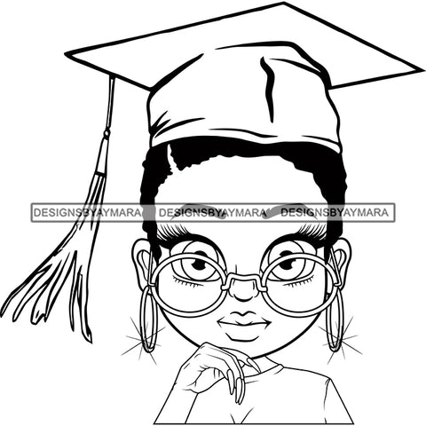 Afro Woman Graduate Wearing Cap Academic Achievement Diploma Graduation Glasses Short Hairstyle B/W SVG JPG PNG Cutting Files For Silhouette Cricut More