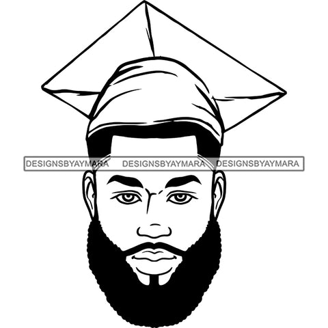 Afro Man Graduate Wearing Cap Beard Achievement Diploma Success Certificate College B/W SVG JPG PNG Cutting Files For Silhouette Cricut More