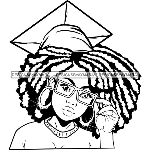 Afro Woman Graduate Wearing Cap Academic Achievement Diploma Graduation Glasses Afro Hairstyle B/W SVG JPG PNG Cutting Files For Silhouette Cricut More