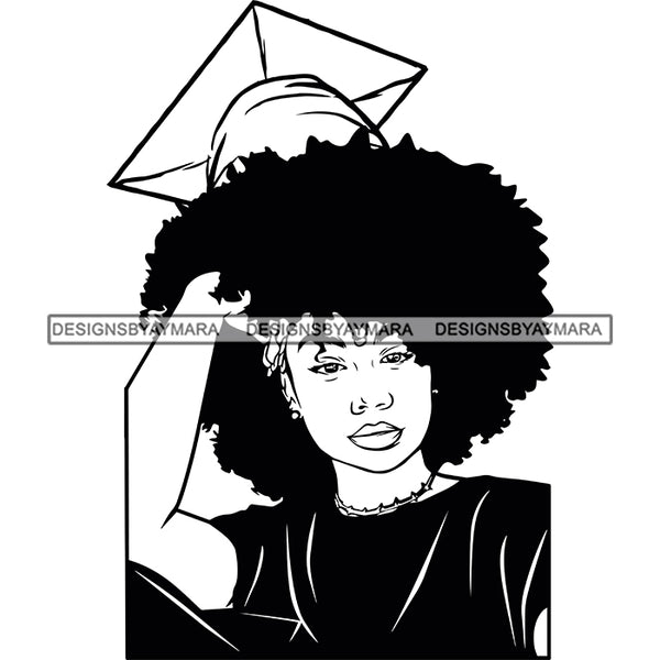 Afro Woman Graduate Wearing Cap Academic Achievement Diploma Graduation Puffy Afro Hairstyle B/W SVG JPG PNG Cutting Files For Silhouette Cricut More