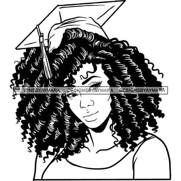 Afro Woman Graduate Wearing Cap Academic Achievement Diploma Graduation Coily Hairstyle B/W SVG JPG PNG Cutting Files For Silhouette Cricut More