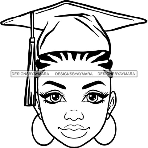 Afro Woman Graduate Wearing Cap Academic Achievement Diploma Graduation Cornrows Hairstyle B/W SVG JPG PNG Cutting Files For Silhouette Cricut More