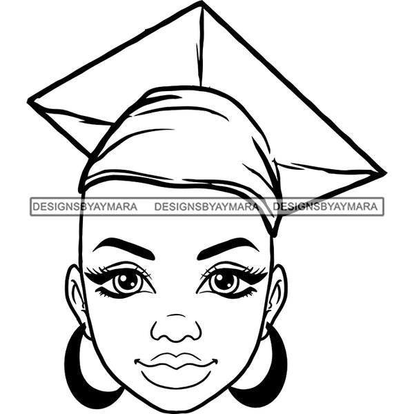 Afro Woman Graduate Wearing Cap Academic Achievement Diploma Graduation Bald Hairstyle B/W SVG JPG PNG Cutting Files For Silhouette Cricut More