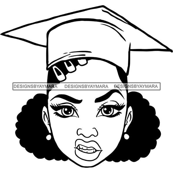 Afro Woman Graduate Wearing Cap Angry Face Academic Achievement Diploma Graduation Pigtails Hairstyle B/W SVG JPG PNG Cutting Files For Silhouette Cricut More