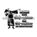 Afro Woman Graduate Posing Life Quotes Academic Achievement Wearing Graduation Cap Gown Long Hairstyle B/W SVG JPG PNG Cutting Files For Silhouette Cricut More