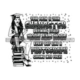 Afro Woman Graduate Sexy Sitting Books Life Quotes Academic Achievement Wearing Graduation Cap Long Curly Hairstyle B/W SVG JPG PNG Cutting Files For Silhouette Cricut More