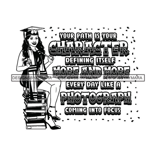 Afro Woman Graduate Sexy Sitting Books Life Quotes Academic Achievement Wearing Graduation Cap Long Curly Hairstyle B/W SVG JPG PNG Cutting Files For Silhouette Cricut More