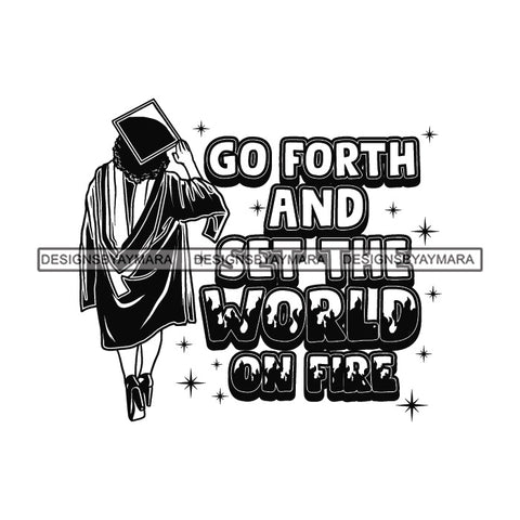 Afro Woman Graduate Life Quotes Wearing Graduation Gown Cap Back View Afro Hairstyle B/W SVG JPG PNG Cutting Files For Silhouette Cricut More