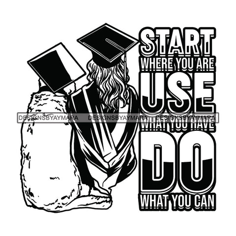 Afro Woman Graduate With Dog Life Quotes Wearing Graduation Gown Cap Back View Long Hairstyle B/W SVG JPG PNG Cutting Files For Silhouette Cricut More