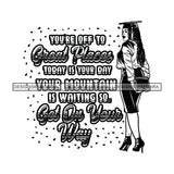 Afro Woman Graduate Life Quotes Wearing Graduation Cap Back View Straight Hairstyle B/W SVG JPG PNG Cutting Files For Silhouette Cricut More