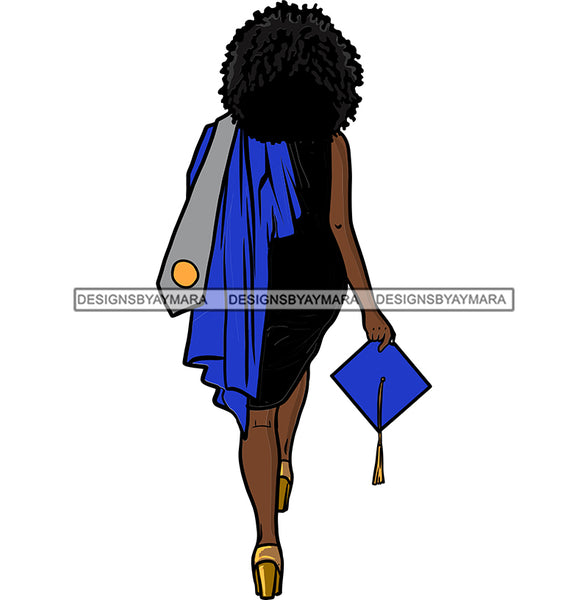 Graduation Afro Woman Diploma Royal Blue Cap Gown Grey Sole Education College Ceremony Student Graduate SVG JPG PNG Vector Clipart Cricut Cutting Files