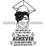 Afro Woman Graduate Wearing Cap Life Quotes Academic Achievement Diploma Graduation Short Hairstyle B/W SVG JPG PNG Cutting Files For Silhouette Cricut More