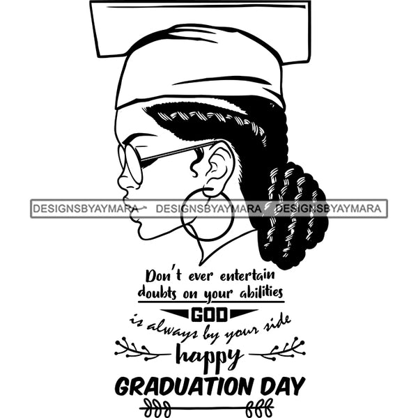 Afro Woman Graduate Wearing Cap Side View Sunglasses Life Quotes Academic Achievement Diploma Graduation Locks Bun Hairstyle B/W SVG JPG PNG Cutting Files For Silhouette Cricut More