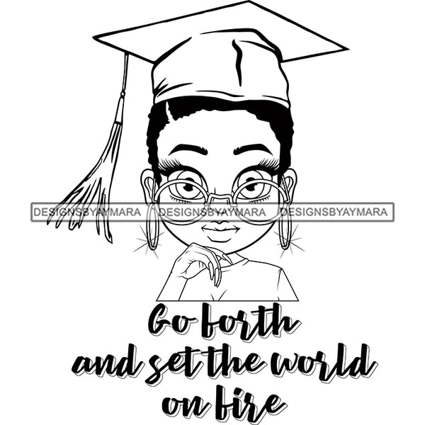 Afro Woman Graduate Wearing Cap Big Eyes Glasses Life Quotes Achievement Graduation Short Hairstyle B/W SVG JPG PNG Cutting Files For Silhouette Cricut More
