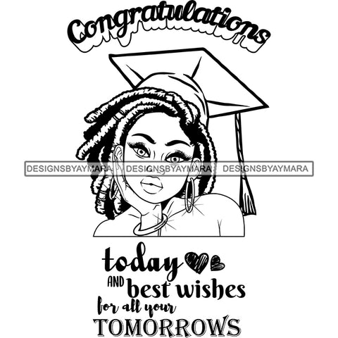 Afro Girl Graduation Quote Ceremony Greetings Certificate College Illustration B/W SVG JPG PNG Vector Clipart Cricut Silhouette Cut Cutting