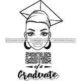Afro Woman Graduate Wearing Cap Life Quotes Academic Achievement Diploma Graduation Bald Hairstyle B/W SVG JPG PNG Cutting Files For Silhouette Cricut More