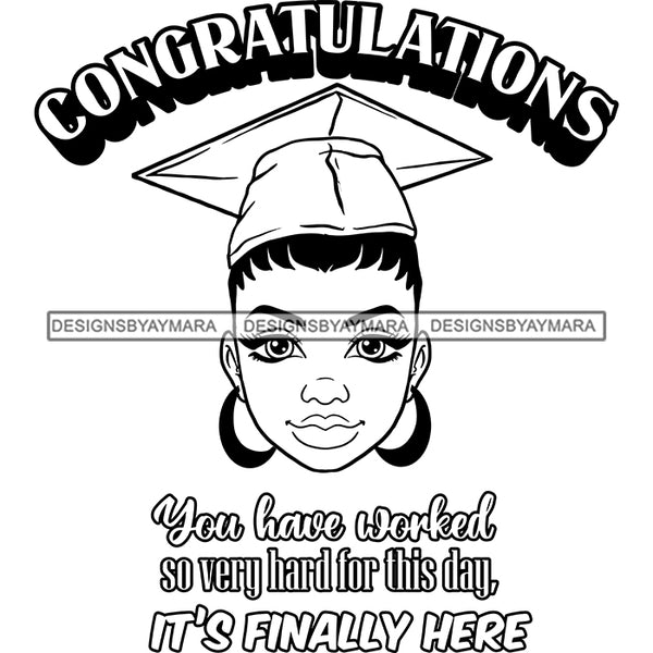 Afro Girl Graduation Quote Ceremony Students Certificate College Illustration B/W SVG JPG PNG Vector Clipart Cricut Silhouette Cut Cutting