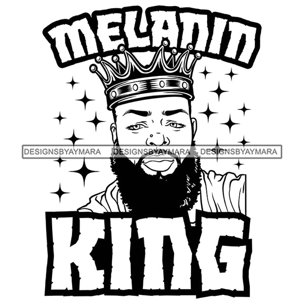 Melanin King Afro Sexy Man Beard Crowned Royalty Banner Illustration B/W SVG JPG PNG Vector Clipart Cricut Silhouette Cut Cutting