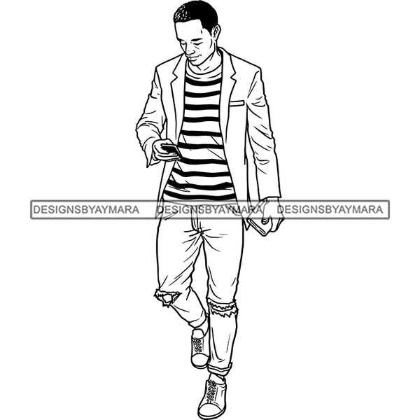 Handsome Sexy Afro Man Jacket Striped Shirt Fashion Style Illustration B/W SVG JPG PNG Vector Clipart Cricut Silhouette Cut Cutting