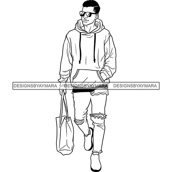 Handsome Sexy Afro Man Confident Bag Sunglasses Hoodie Fashion Style Illustration B/W SVG JPG PNG Vector Clipart Cricut Silhouette Cut Cutting
