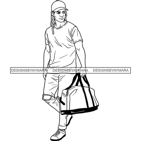 Handsome Sexy Afro Man Gym Bag Baseball Cap Fashion Style Illustration B/W SVG JPG PNG Vector Clipart Cricut Silhouette Cut Cutting