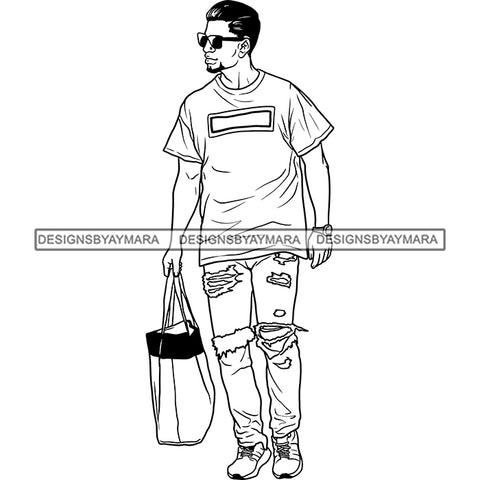 Handsome Sexy Afro Man Tote Bag Sunglasses Fashion Style Illustration B/W SVG JPG PNG Vector Clipart Cricut Silhouette Cut Cutting