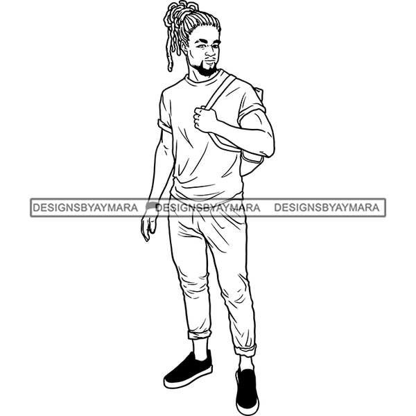 Handsome Sexy Afro Man Backpack Fashion Style Dreadlocks Hairstyle Illustration B/W SVG JPG PNG Vector Clipart Cricut Silhouette Cut Cutting