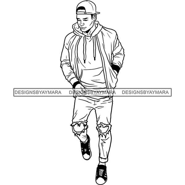 Handsome Sexy Afro Man Hoodie Jacket Backward Baseball Cap Fashion Style B/W SVG JPG PNG Vector Clipart Cricut Silhouette Cut Cutting