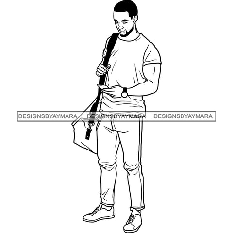 Handsome Afro Man Standing Cellphone Workout Clothes Gym Bag Fashion Style B/W SVG JPG PNG Vector Clipart Cricut Silhouette Cut Cutting
