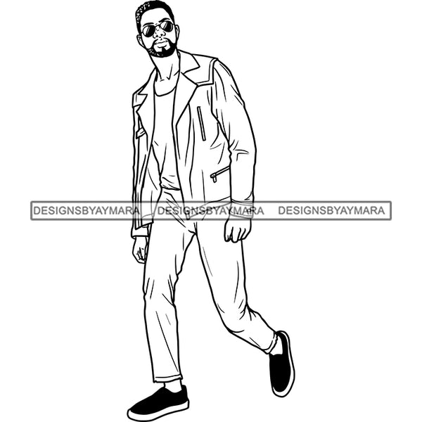 Handsome Sexy Afro Man Confident Sunglasses Jacket Fashion Style B/W SVG JPG PNG Vector Clipart Cricut Silhouette Cut Cutting