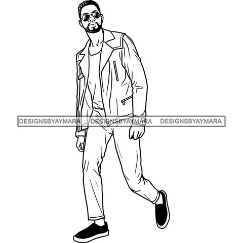 Handsome Sexy Afro Man Confident Sunglasses Jacket Fashion Style B/W SVG JPG PNG Vector Clipart Cricut Silhouette Cut Cutting