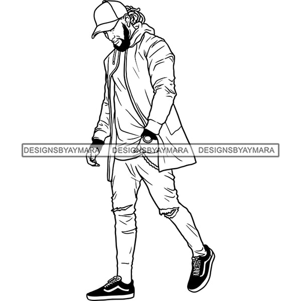 Handsome Sexy Afro Man Cool Jacket Baseball Cap Fashion Style Illustration B/W SVG JPG PNG Vector Clipart Cricut Silhouette Cut Cutting