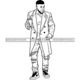 Handsome Sexy Afro Man Holding Coffee Cup Long Coat Fashion Style B/W SVG JPG PNG Vector Clipart Cricut Silhouette Cut Cutting
