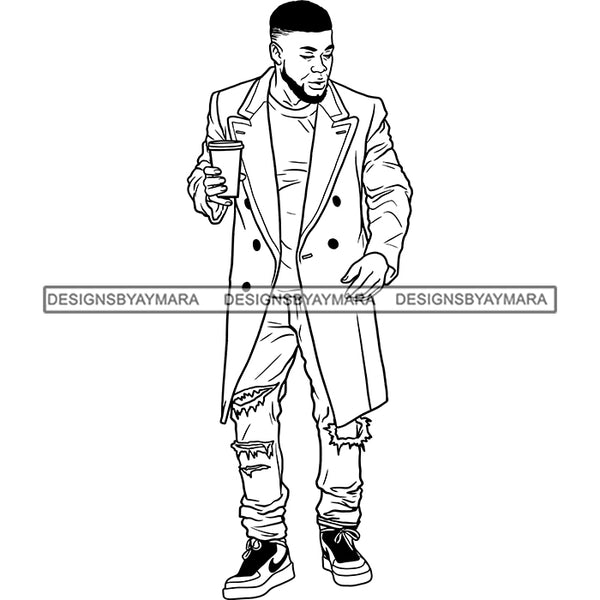 Handsome Sexy Afro Man Holding Coffee Cup Long Coat Fashion Style B/W SVG JPG PNG Vector Clipart Cricut Silhouette Cut Cutting