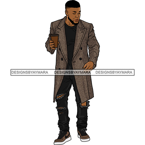 Handsome Sexy Afro Man Holding Coffee Cup Long Coat Fashion Style SVG JPG PNG Vector Clipart Cricut Silhouette Cut Cutting
