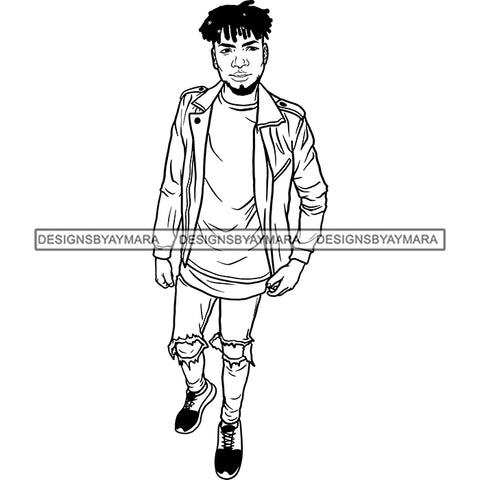 Handsome Sexy Afro Man Braids Hairstyle Jacket Jeans Holes Fashion Style B/W SVG JPG PNG Vector Clipart Cricut Silhouette Cut Cutting