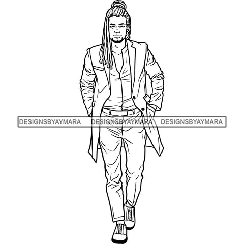 Handsome Sexy Afro Man Bun Dreadlocks Hairstyle Jacket Fashion Style B/W SVG JPG PNG Vector Clipart Cricut Silhouette Cut Cutting